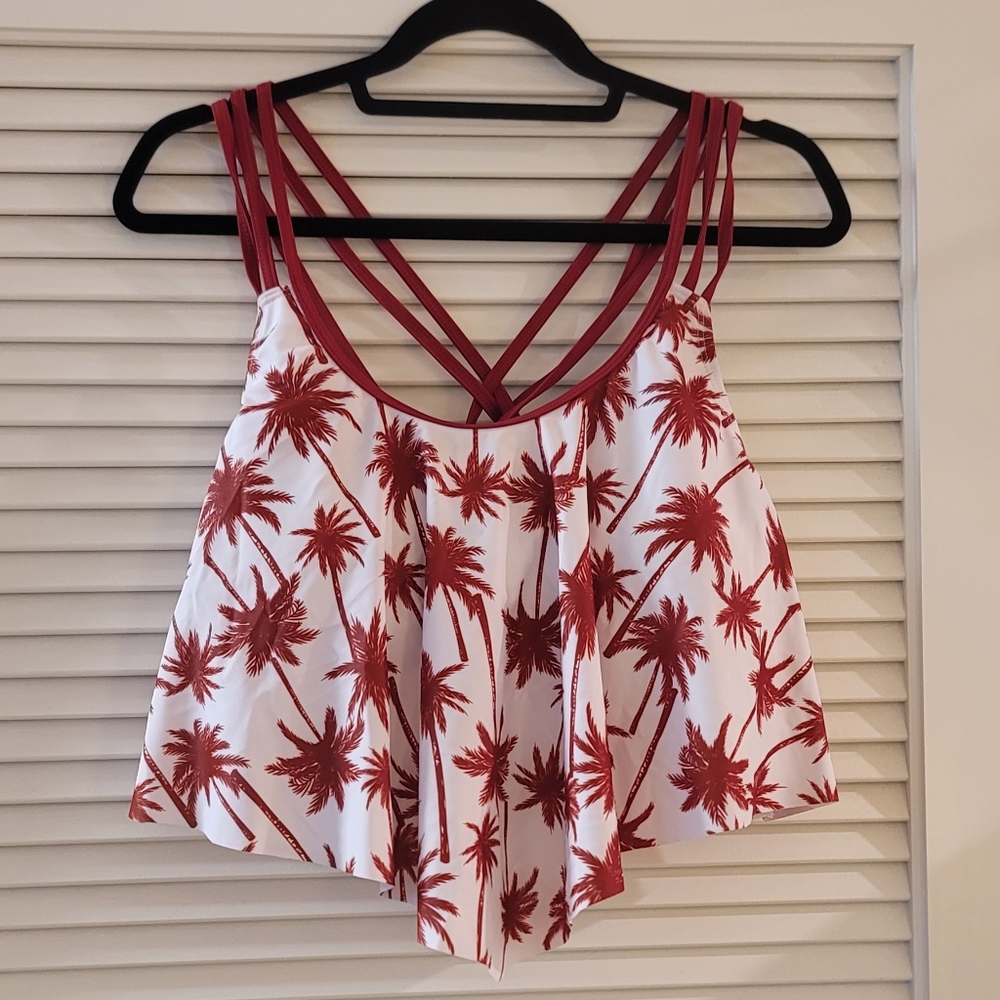 (Plus-Size) White & Red Palm Tree Swim Top With Built-in Bra